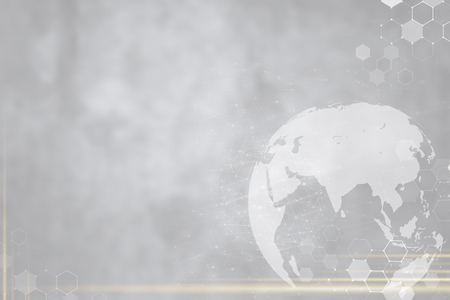 Globe and network connection technology icons on grey background. Worldwide business and global  communication technology background concept.の写真素材
