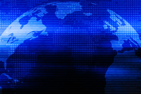 Technology background, double exposure of closeup earth with digital number on screen. Abstract background.の写真素材
