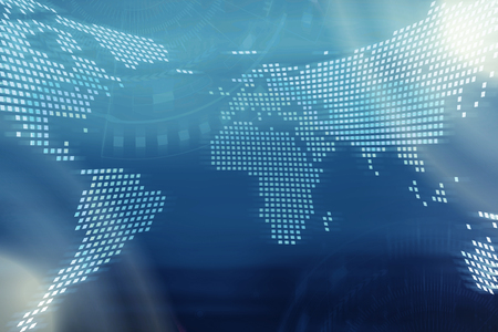 Technology background. Digital world map with technology icons on blurred blue background.の写真素材