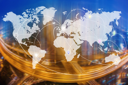 Connection line icons on world map with blurred city and transportation system background. Global wireless connection technology and worldwide business online concept.の写真素材