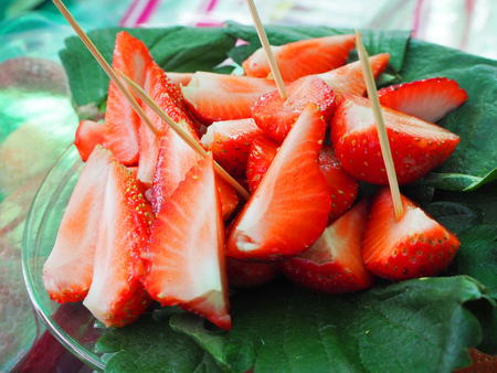 Strawberries are on the plate.の写真素材