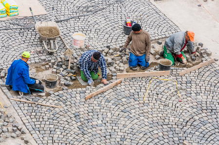 Workers building road paving in Buda Castle のeditorial素材
