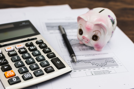 piggy bank with calculator and pen on document backgroundの写真素材