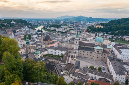 SALZBURG, AUSTRIA - OCTOBER 04, 2013: Aerial panoramic view of Salzburg with Salzach river. Salzburg, Austriaのeditorial素材