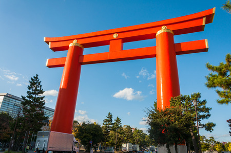 KYOTO, JAPAN - OCTOBER 25, 2015: View of Heian Shrine Torii Gate. The Heian Shrine is a Shinto shrine located in Sakyo-ku, Kyoto, Japan.のeditorial素材