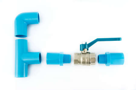 blue pvc pipe connection with valve isolated on whiteの写真素材