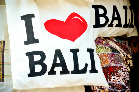 souvenir bag with the word say i love bali, from souvenir shop at Bali, Indonesiaの写真素材