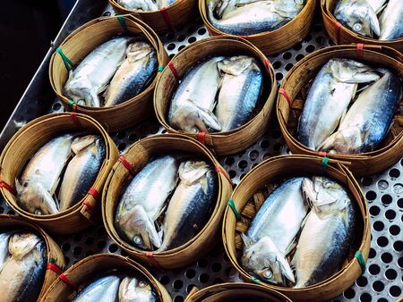 row of fresh mackerel in basket was sold at the market Thailand