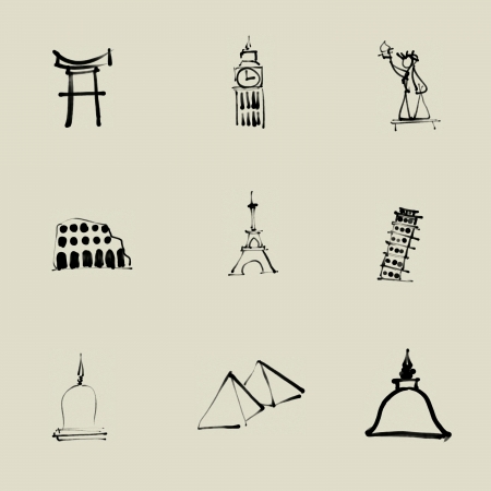 Attraction around the world Chinese brush drawing icon setの写真素材