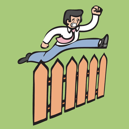 Businessman jumping over sharp fenceのイラスト素材