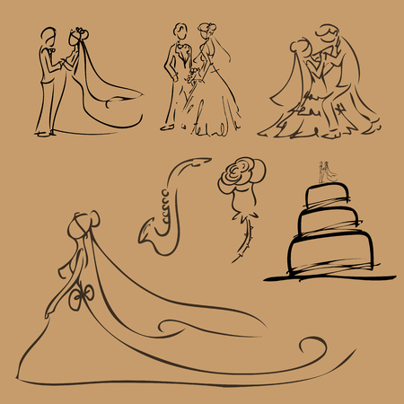 Bride and groom line drawing のイラスト素材