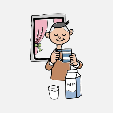 Boy drinks milk cartoon characterのイラスト素材