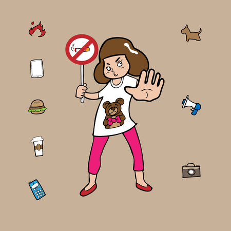 Girl holds ban sign stuffs cartoon vectorのイラスト素材