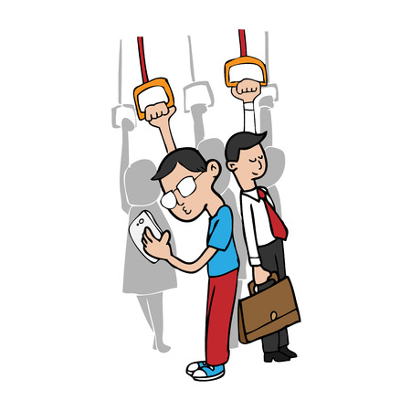Man uses smart phone on subway cartoonのイラスト素材