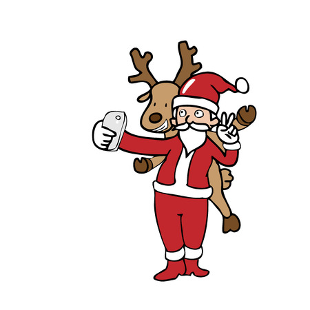Selfie Santa and reindeer cartoonのイラスト素材