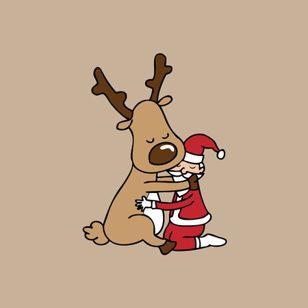 Hug Christmas reindeer and Santa cartoon vectorのイラスト素材