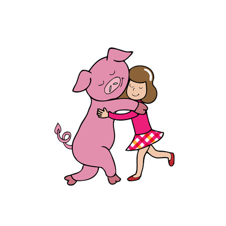 Hug girl and pig cartoon vectorのイラスト素材