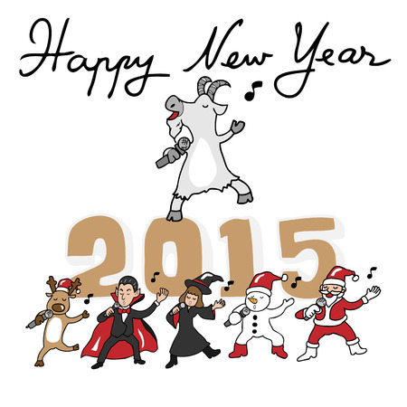 Happy New Year 2015 goat and teams singingのイラスト素材