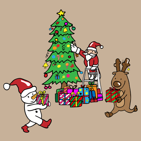 Santa Snowman and reindeer decorate Christmas treeのイラスト素材