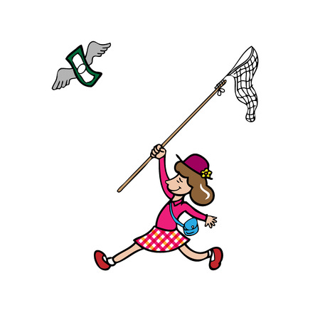 Girl catching flying banknote by net cartoon のイラスト素材