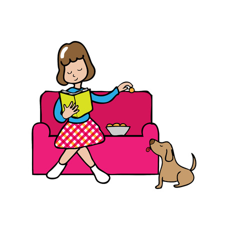 Woman sits on couch feeding dogのイラスト素材