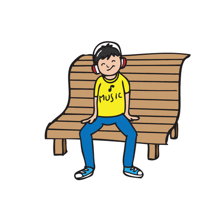 Boy wears headphone sits on benchのイラスト素材