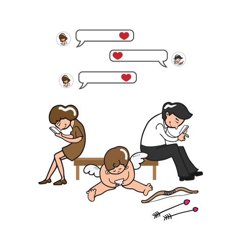 Man woman and Cupid texting on mobile phoneのイラスト素材