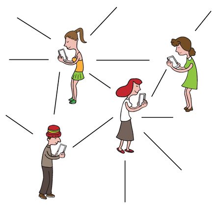 Technology people using smartphone connection cartoon drawingのイラスト素材