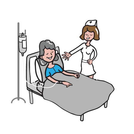 Nurse visits old woman patient cartoon drawingのイラスト素材