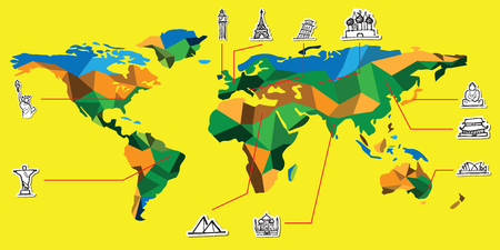 World map and attractive landmark cartoon drawingのイラスト素材