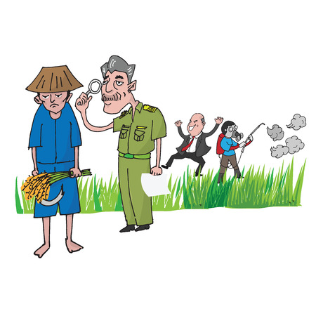Thai farmer inspected by officer cartoon drawingのイラスト素材