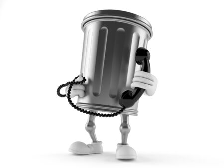 Trash can character with handset isolated on white backgroundの写真素材