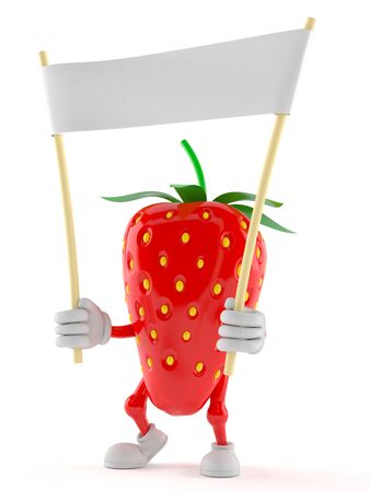 Strawberry character holding blank banner isolated on white backgroundの写真素材