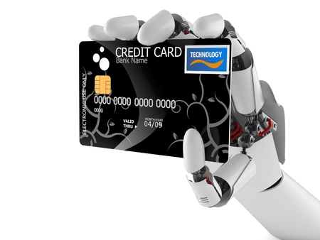 Robot hand with credit card isolated on white backgroundの写真素材