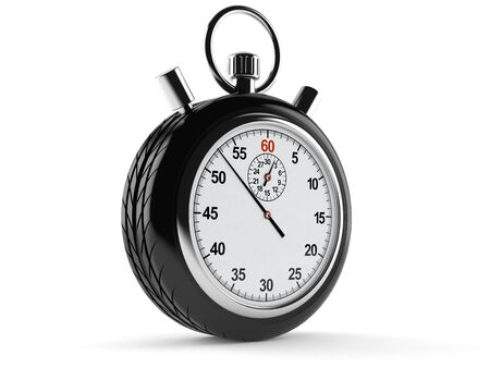Car wheel with stopwatch isolated on white backgroundの写真素材