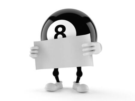 Eight ball character with blank sheet of paper isolated on white background