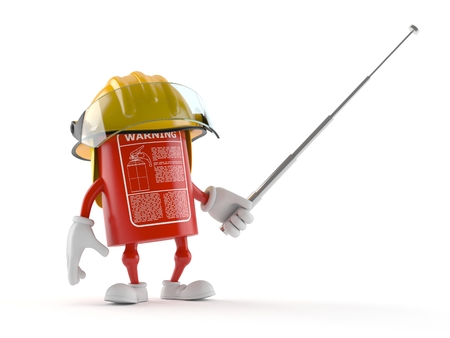 Fire extinguisher character holding pointer stick isolated on white backgroundの写真素材
