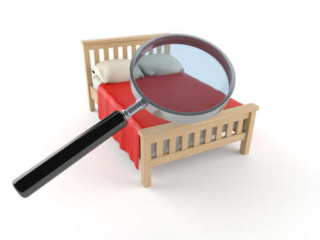 Bed with magnifying glass isolated on white backgroundの写真素材
