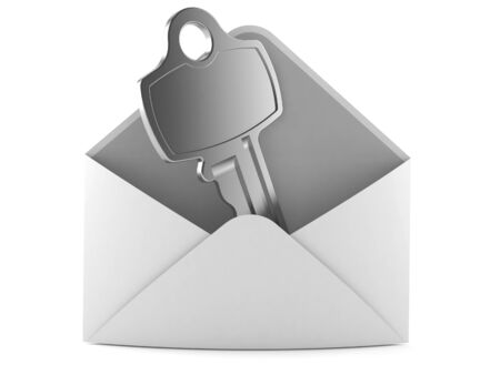 Door key inside envelope isolated on white backgroundの写真素材