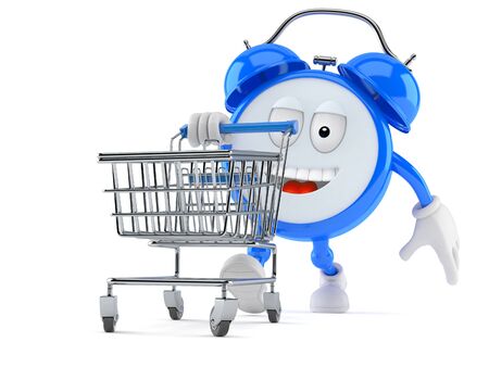 Alarm clock toon with shopping cart isolated on white backgroundの写真素材