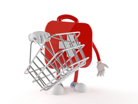 First aid kit character holding shopping basket isolated on white backgroundの写真素材