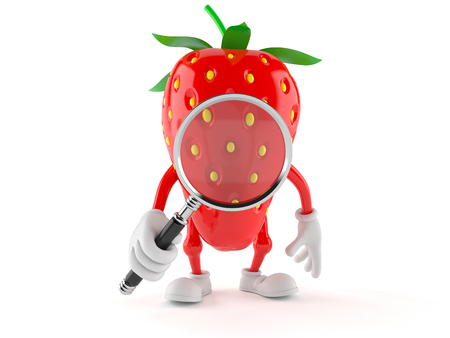 Strawberry character looking through magnifying glass isolated on white backgroundの写真素材