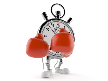 Stopwatch character with boxing gloves isolated on white backgroundの写真素材