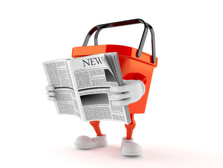 Shopping basket character reading newspaper on white backgroundの写真素材