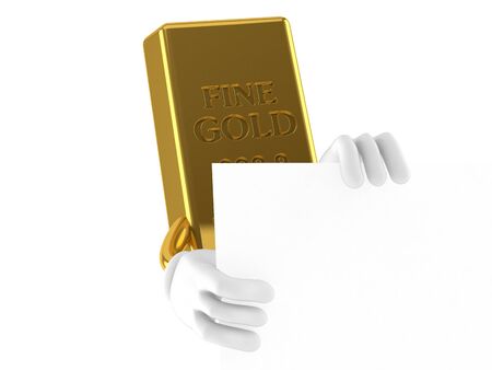 Gold character behind white board isolated on white backgroundの写真素材