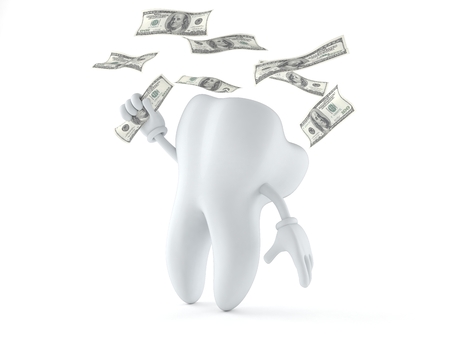 Tooth character with money isolated on white backgroundの写真素材
