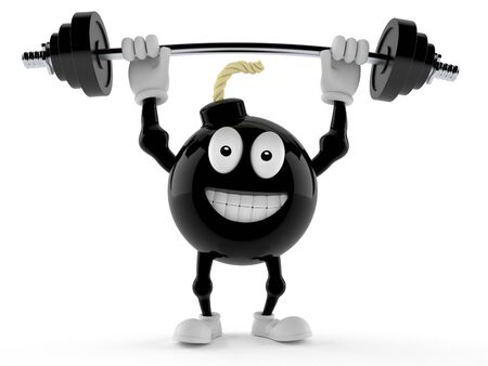 Bomb character lifting heavy barbell isolated on white backgroundの写真素材