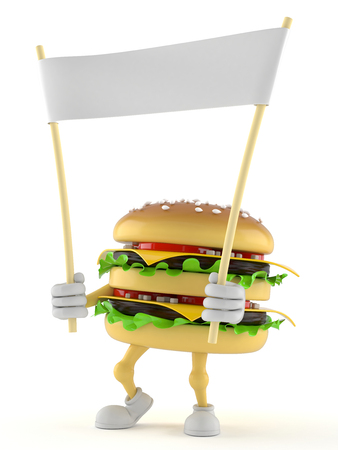 Hamburger character holding banner on white backgroundの写真素材