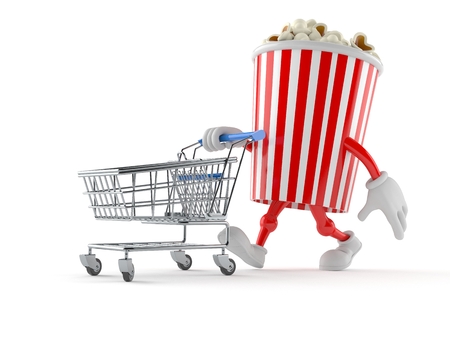 Popcorn character with shopping cart isolated on white backgroundの写真素材
