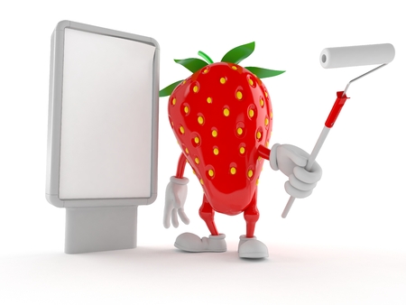 Strawberry character with blank billboard isolated on white backgroundの写真素材